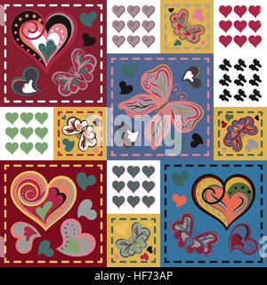 Seamless background with butterflies hearts in patchwork style. Vector illustration Stock Vector