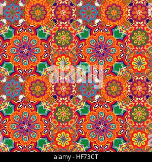 Seamless pattern on the tiles, majolica, arabic, green, orange, vector Stock Vector