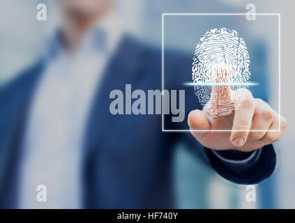 Fingerprint scan provides security access with biometrics identification, person touching screen with finger in background Stock Photo