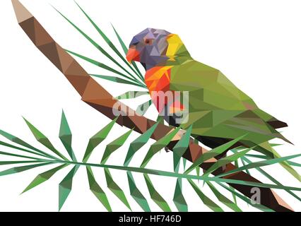 Abstract Low Poly Parrot, Rainbow lorikeet on Branch - Vector Illustration Stock Vector