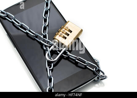 Modern smartphone with combination lock padlock. Concept of mobile phone security Stock Photo