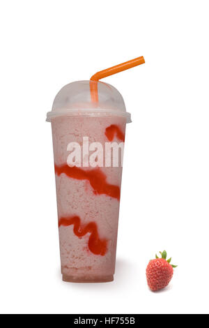 Strawberry smoothie in plastic cup and ripe strawberry on white background Stock Photo