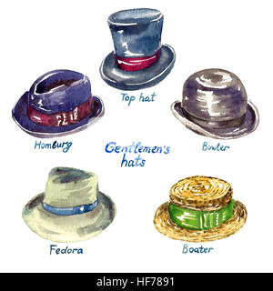 Gentleman's hats types: Top hat, Homburg, Fedora, Boater, Bowler Stock Photo