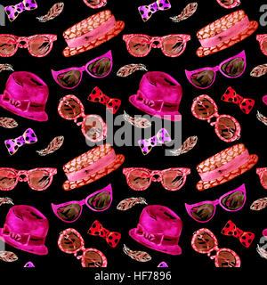 Ladies accessories pattern (hats, glasses, bow tie and feathers) Stock Photo