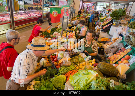 the Food Market in the Market Hall  the Old Town of Olhao at the east Algarve in the south of Portugal in Europe. Stock Photo