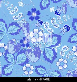 Bright seamless pattern with a strawberry, leaves and flowers in blue tone (vector) Stock Vector