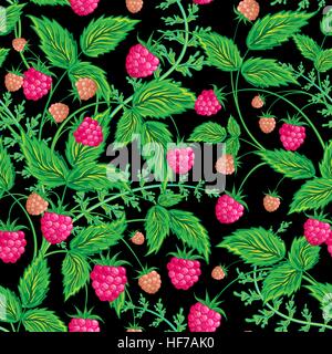 Raspberries seamless pattern with raspberry and leaves on black background Stock Vector