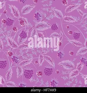 Raspberries seamless pattern with violet raspberry and leaves on lilac background Stock Vector