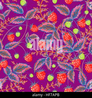Seamless pattern with leaves and raspberry. Background for your design with bright, contrasting red berries and pink blue leaves on violet backdrop. Vector illustration. Stock Vector
