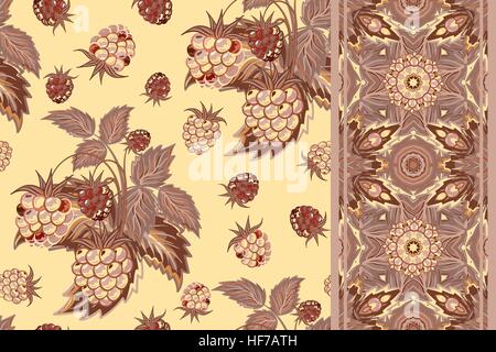 Set of vector seamless pattern with raspberries and border (ribbon, tape, band, strip) in cartoon style. Hand drawn design for Thank you card, Greeting card or Invitation or fabric. Stock Vector