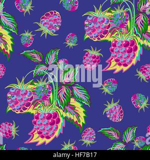 Hand painted pattern of bright colorful raspberry on blue backdrop. Fruit seamless background for menu and desserts, restaurants and cafes, wallpaper etc. Stock Vector