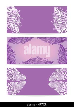 Set of violet horizontal banners with white feathers. Vector hipster Ethnic design flyer collection. Boho chic, tribal symbol. Cliping mask Stock Vector