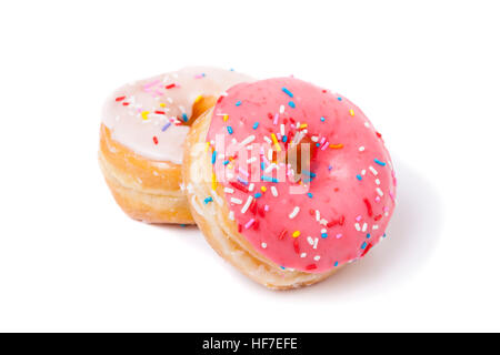 Pink and White Sprinkled Donuts isolated on white background Stock Photo