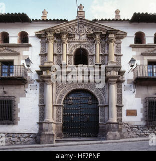 Colonial architecture on the facade and entrance of The National Mint of Bolivia. October 9, 2012 - Potosi, Bolivia Stock Photo