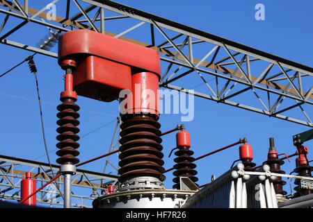 giant electrical component called change ratio of a voltage transformer in a power plant to automatically vary the output voltage Stock Photo