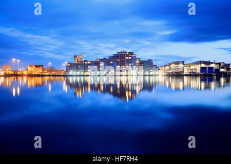 A long exposure of the flats, apartments and RNLI HQ near the Asda Superstore  at Holes Bay Poole Harbour in Dorset Stock Photo