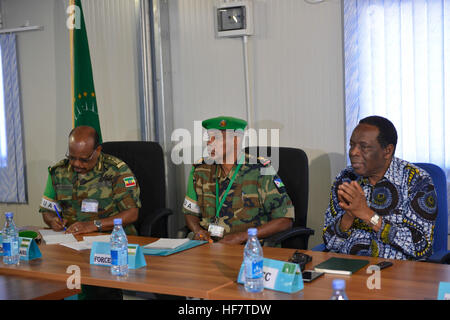 The Special Representative of the Chairperson of the African Union Commission (SRCC) for Somalia and Head of Mission, Ambassador Francisco Madeira, makes remarks during an AMISOM Sector Commanders’ meeting held in Mogadishu, Somalia on August 26, 2016. / Omar Abdisalan Stock Photo