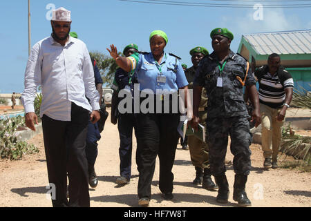 ACP Francis Ayitey Aryee, the African Union Mission in Somalia (AMISOM) Police Training and Development Coordinator (front right), who is also a member of the Somali Election Security Task Force,  and Mohamed Abdinor Ahmed, the Jubbaland Task Force Officer (left), in Kismaayo, Somalia, to assess the security of the polling centres on November 07, 2016. / Awil Abukar Stock Photo