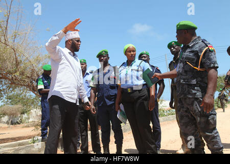 ACP Francis Ayitey Aryee, the African Union Mission in Somalia (AMISOM) Police Training and Development Coordinator (front right), who is also a member of the Somali Election Security Task Force,  and Mohamed Abdinor Ahmed, the Jubbaland Task Force Officer (left), in Kismaayo, Somalia, to assess the security of the polling centres on November 07, 2016. / Awil Abukar Stock Photo