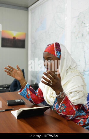 The President of the Pan African Youth Union, Francine Furaha Muyumba, speaks during a meeting with female peacekeepers serving under the African Union Mission in Somalia (AMISOM), in Mogadishu, Somalia on November 10, 2016.  / Omar Abdisalan Stock Photo