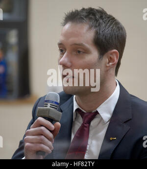 Expedition 50 ESA astronaut Thomas Pesquet is seen during the State Commission meeting, Wednesday, Nov. 16, 2016 at the Cosmonaut Hotel in Baikonur, Kazakhstan. Pesquet, NASA astronaut Peggy Whitson, and Russian cosmonaut Oleg Novitskiy of Roscosmos will launch from the Baikonur Cosmodrome in Kazakhstan the morning of November 18 (Kazakh time.) All three will spend approximately six months on the orbital complex. Stock Photo