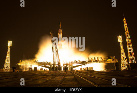 In this one second exposure photograph, the Soyuz MS-03 spacecraft is seen launching from the Baikonur Cosmodrome with Expedition 50 crewmembers NASA astronaut Peggy Whitson, Russian cosmonaut Oleg Novitskiy of Roscosmos, and ESA astronaut Thomas Pesquet from the Baikonur Cosmodrome in Kazakhstan, Friday, Nov. 18, 2016, (Kazakh time) (Nov 17 Eastern time). Whitson, Novitskiy, and Pesquet will spend approximately six months on the orbital complex. Stock Photo