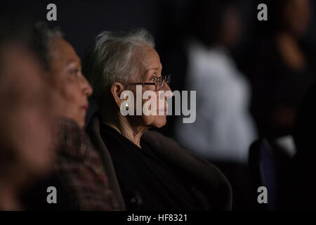 NASA &quot;human computer&quot; Katherine Johnson watches the premiere of &quot;Hidden Figures&quot; after a reception where she was honored along with other members of the segregated West Area Computers division of Langley Research Center, on Thursday, Dec. 1, 2016, at the Virginia Air and Space Center in Hampton, VA. &quot;Hidden Figures&quot; stars Taraji P. Henson as Katherine Johnson, the African American mathematician, physicist, and space scientist, who calculated flight trajectories for John Glenn's first orbital flight in 1962. Aubrey Gemignani) Stock Photo