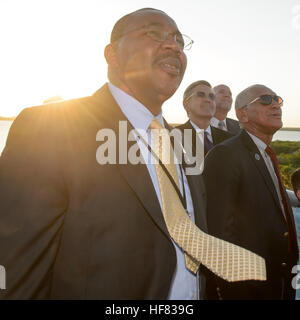 NASA Deputy Associate Administrator Gregory Robinson, left, Director of NASA's Kennedy Space Center Robert Cabana, center, and NASA Administrator Charles Bolden, right, watch the launch of the United Launch Alliance Atlas V rocket carrying NASA's Origins, Spectral Interpretation, Resource Identification, Security-Regolith Explorer (OSIRIS-REx) spacecraft from the Atlas Spacecraft Operations Center on Thursday, Sept. 8, 2016 at Cape Canaveral Air Force Station in Florida. OSIRIS-REx will be the first U.S. mission to sample an asteroid, retrieve at least two ounces of surface material and return Stock Photo