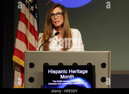 NASA Mission Support Directorate Associate Administrator Krista Paquin delivers remarks at the Aspira con NASA/Aspire with NASA Hispanic Heritage Month event on Tuesday, Oct. 4, 2016 at NASA Headquarters in Washington.  The event featured talks by Diana Trujillo, mission lead for the Mars Curiosity Rover at NASA Jet Propulsion Laboratory in California, and former NASA astronaut José Hernández. Stock Photo
