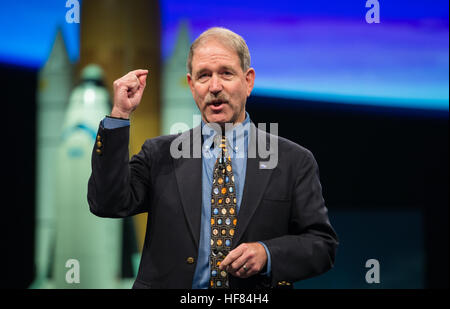 Astronaut and former NASA Associate Administrator for the Science Mission Directorate, John Grunsfeld speaks at an event to commemorate the 10th Anniversary of the STEREO mission, Tuesday, October 25, 2016 at the Smithsonian National Air and Space Museum in Washington. The STEREO twin probes were launched in 2006 to monitor the Sun from different angles simultaneously, and alert scientists on Earth about dangerous solar flares and other solar weather events. Aubrey Gemignani) Stock Photo