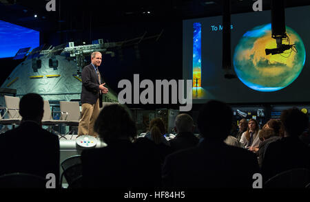 Astronaut and former NASA Associate Administrator for the Science Mission Directorate, John Grunsfeld speaks at an event to commemorate the 10th Anniversary of the STEREO mission, Tuesday, October 25, 2016 at the Smithsonian National Air and Space Museum in Washington. The STEREO twin probes were launched in 2006 to monitor the Sun from different angles simultaneously, and alert scientists on Earth about dangerous solar flares and other solar weather events. Aubrey Gemignani) Stock Photo