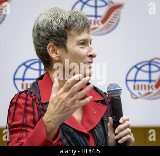 Expedition 50 NASA astronaut Peggy Whitson is seen during a crew press conference, Wednesday, Oct. 26, 2016, at the Gagarin Cosmonaut Training Center (GCTC) in Star City, Russia. Whitson, Russian cosmonaut Oleg Novitskiy of Roscosmos, and ESA astronaut Thomas Pesquet are scheduled to launch to the International Space Station in November of 2016. Stock Photo