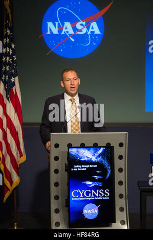 Thomas Zurbuchen, associate administrator for the Science Mission Directorate, NASA, introduces the panelists at a briefing on the Cyclone Global Navigation Satellite System (CYGNSS), Thursday, November 10, 2016 at NASA Headquarters in Washington. The CYGNSS mission is scheduled to launch in December 2016 and will use eight micro-satellites to measure wind speeds over Earth's oceans, increasing the ability of scientists to understand and predict hurricanes. Aubrey Gemignani) Stock Photo