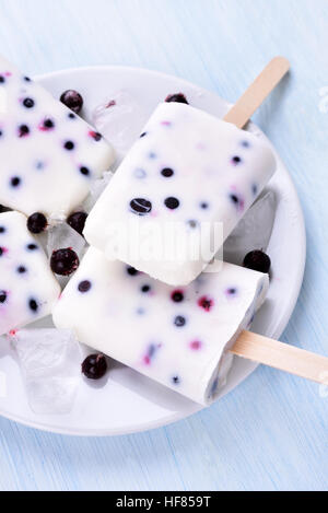Ice cream from frozen yogurt and blackcurrant, close up view Stock Photo