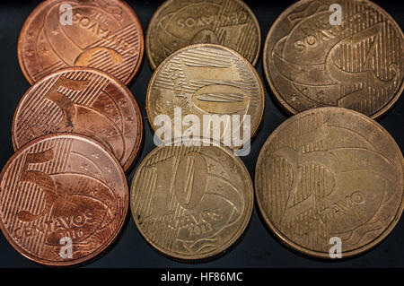 Brazilian Real cents coins closeup Stock Photo