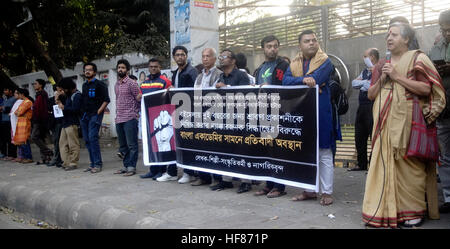 Dhaka, Bangladesh. 27th Dec, 2016. Bangladeshi writers, culture and eminent personalities and activists protest near in front of Bangla Academy against its decision to ban publishing house Sraban Prokashoni in the Ekushey Book Fair for two years. © Md. Mehedi Hasan/Pacific Press/Alamy Live News Stock Photo