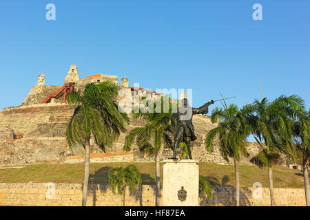 Statue of wounded General Blas in front of San Felipe de Barajas fortress at sunset. Stock Photo
