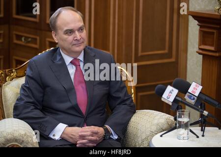 Moscow. 29th Dec, 2016. File photo taken on April 15, 2016 shows Anatoly Antonov during an interview with Xinhua in Moscow, Russia. Russian President Vladimir Putin on Dec. 29, 2016 signed a decree appointing Anatoly Antonov deputy foreign minister in charge of military-political and security issues, and relieving him of his previous duties of deputy defense minister. © Bai Xueqi/Xinhua/Alamy Live News Stock Photo