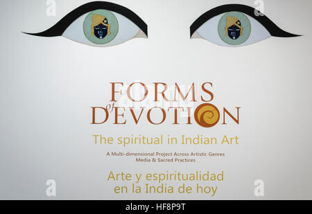 Madrid, Spain. 30 th December, 2016.  A  placard presentation about forms of devotion in Indian art. Conde Duque cultural center, Madrid, Spain. Enrique Davó/Alamy Live News. Stock Photo