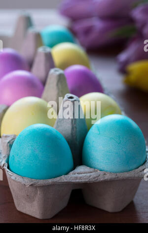 Colorful Easter eggs in egg carton. Stock Photo