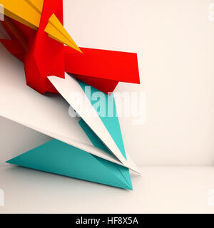 Abstract square interior background with colorful polygonal decoration installation on front wall, 3d illustration Stock Photo