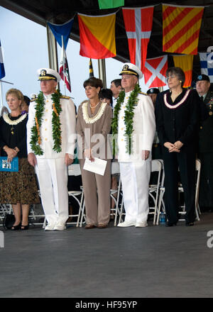 071207-N-8623G-015  PEARL HARBOR, Hawaii (Dec. 7, 2007) The Honorable Linda Lingle, Governor of Hawaii, Adm. Timothy J. Keating, Commander, U.S. Pacific Command, and Adm. Robert F. Willard, Commander, U.S. Pacific Command stand during the arrival of colors for a joint U.S. Navy/National Park Service ceremony commemorating the 66th anniversary of the attack on Pearl Harbor. More than 2,500 people joined Sailors, Pearl Harbor survivors and their families for the annual observance. U.S. Navy photo by Mass Communications Specialist 2nd Class Elisia V. Gonzales (Released) Ceremonies Held for Fallen