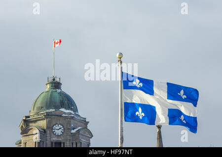 Quebec and Canadian flags in Quebec City, QC, Canada Stock Photo