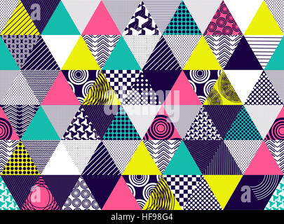 Seamless background with textured multicolored triangles. Dots, stripes, circles, squares, zigzags, CMYK colors Stock Photo