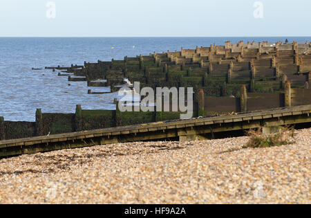 Costal defence groynes in Whitstable to prevent Longshore drift Stock Photo