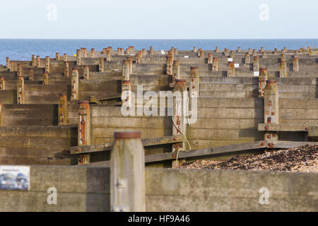 Costal defence groynes in Whitstable to prevent Longshore drift Stock Photo