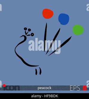 Stylized peacock with three color spots (RGB, red, green, blue). Brush drawing-like vector icon or logo on separated background. Stock Vector
