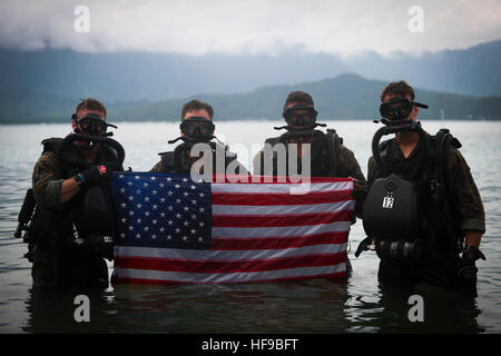 U.S. Marine Corps special operation commandos hold up the American flag during dive operations at the Marine Corps Base Hawaii December 9, 2016 in Kaneohe Bay, Hawaii. Stock Photo