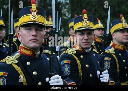 Romanian Honor Guard soldiers stand at attention during a visit from U.S. Army General Frank Grass November 27, 2015 in Bucharest, Romania.