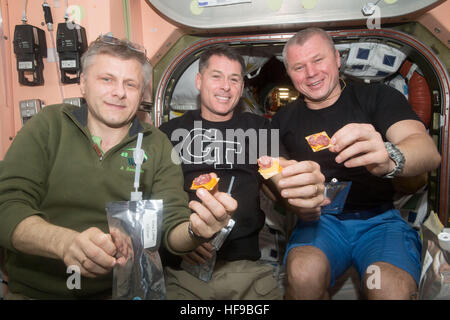 NASA Expedition 50 prime crew members (L-R) Russian cosmonaut Andrey Borisenko of Roscosmos, American astronaut Shane Kimbrough, and Russian cosmonaut Oleg Novitskiy of Roscosmos share a snack together aboard the International Space Station December 10, 2016 in Earth orbit. Stock Photo